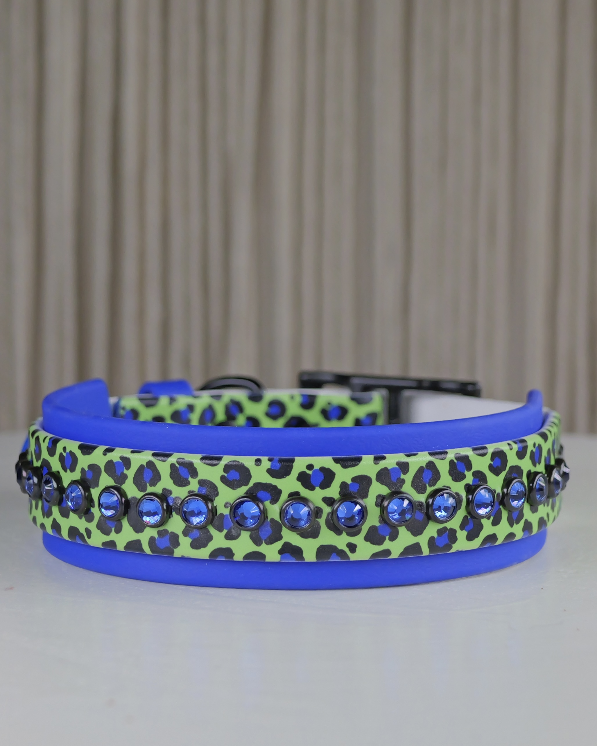 Neon Green & Blue Jaguar - 1.5" Double Layer Dog Collar with Rhinestones - Size 15-17"