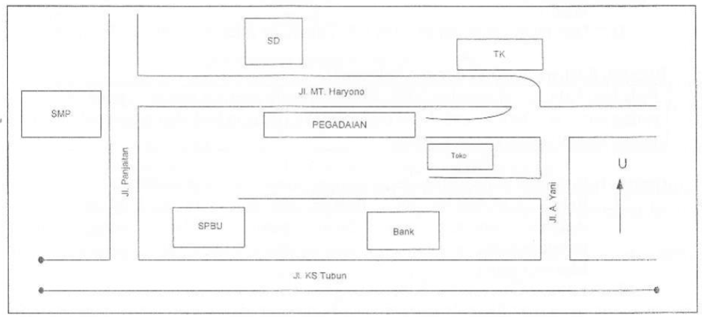 Letak bank berdasarkan denah tersebut adalah..