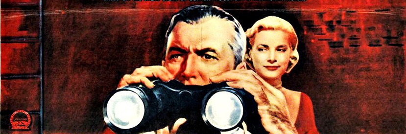 Jimmy Stewart peers through binoculars while Grace Kelly stands behind him in the original drawn movie poster from Rear Window.