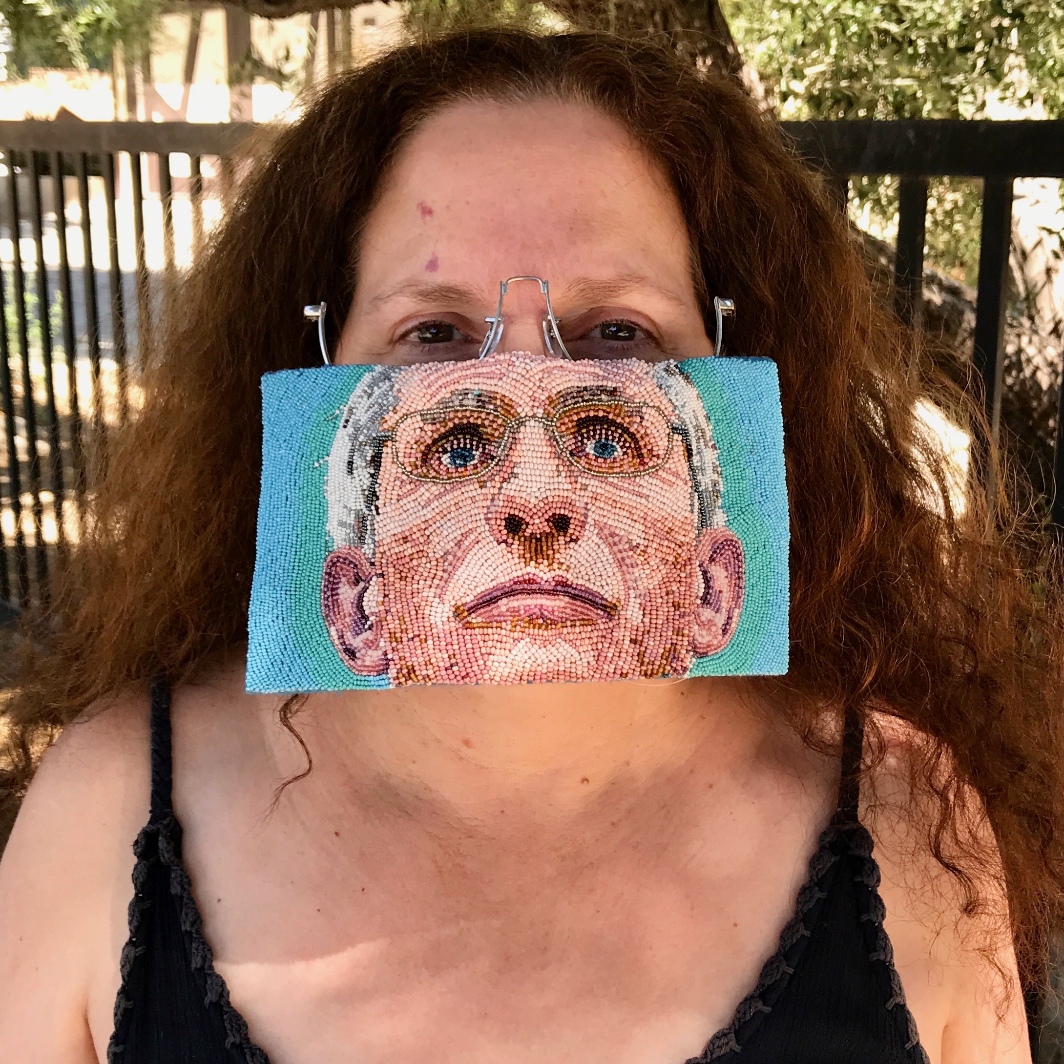 Fauci Mask, 2020, Bead painting and eyeglass frame