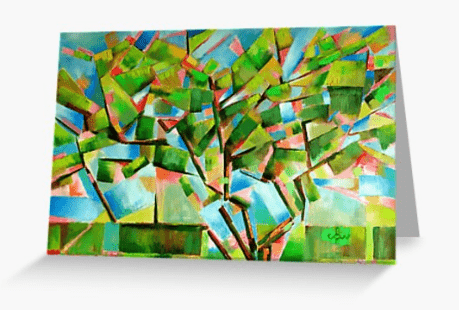 cubistic treescape oil painting greeting card mockup