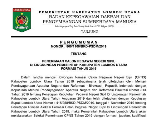 Pengumuman pemanggilan pembekalan nusantara sehat (individual) periode ix tahun 2021 · pengumuman kelulusan seleksi tahap ii nusantara sehat individual . Seleksi Cpns Kab Lombok Utara Ta 2019 Media Berita Corong Rakyat