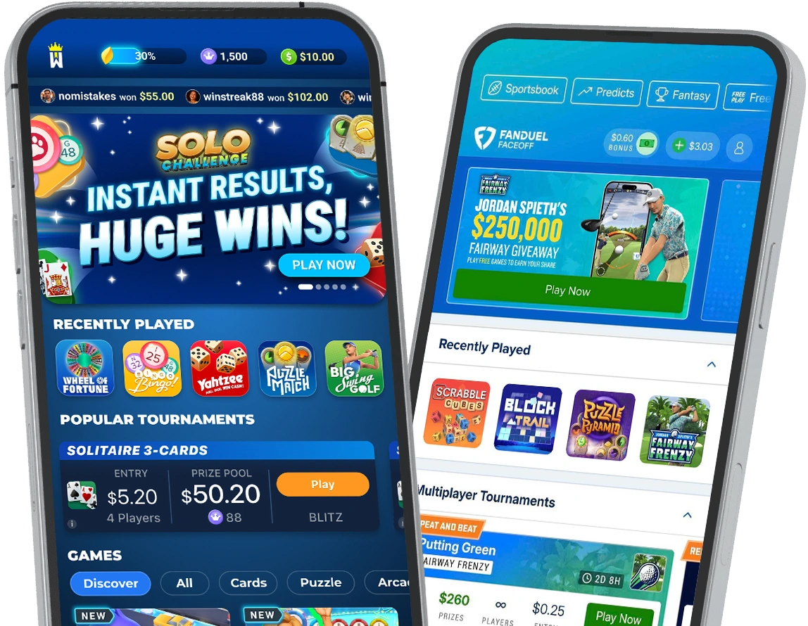 two phone screens one with worldwinner and the other fanduel faceoff