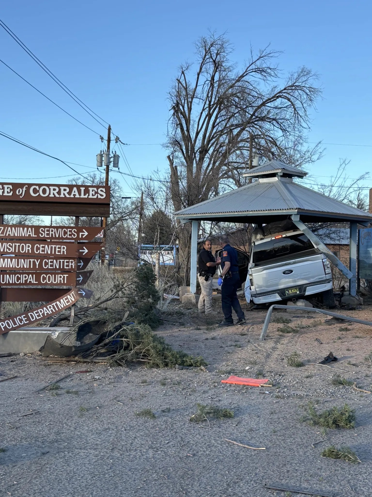A truck crashed on Corrales Road on Feb. 25, causing a power outage and delaying the scheduled Village Council meeting. (Jesse Jones)