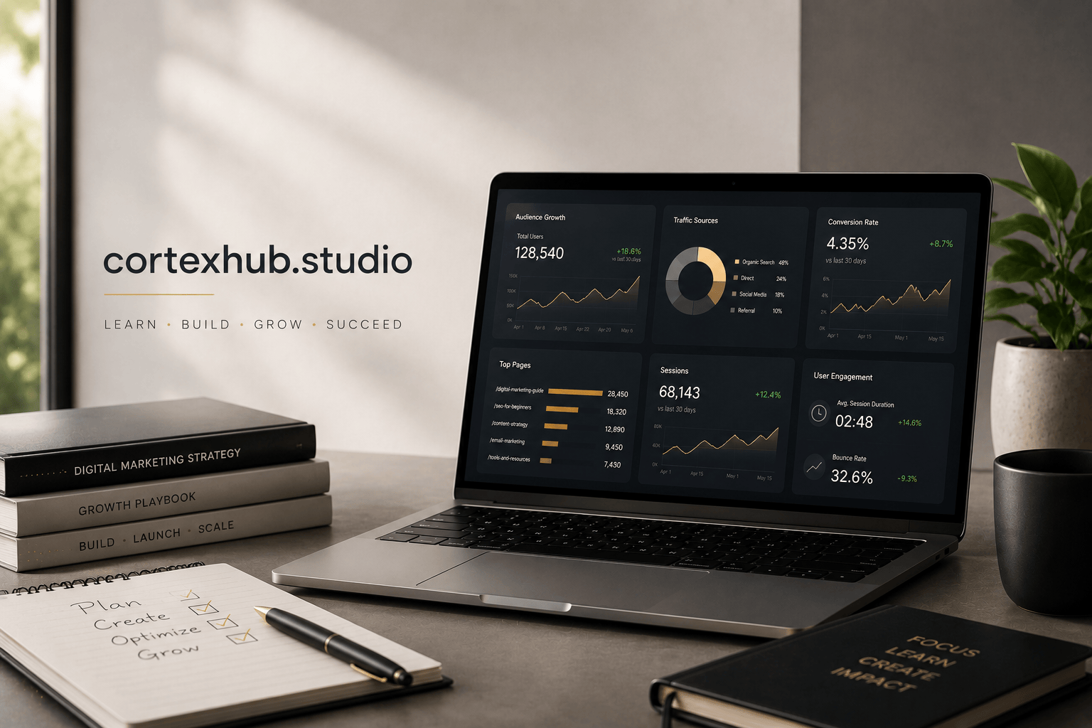 Modern digital marketing workspace with analytics dashboard, business growth metrics, and CortexHub Studio branding.