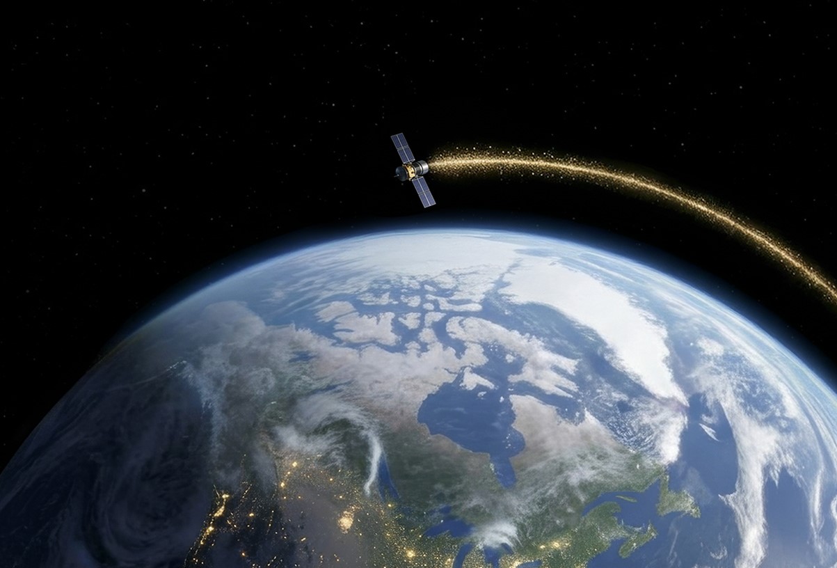 Illustration showing Earth's disk with a satellite circling over it
