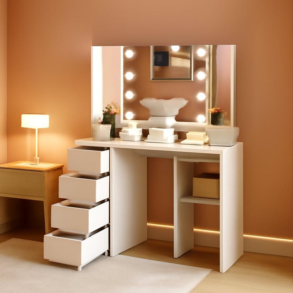 White Corner Vanity Desk 42 Inch Illuminated Mirror