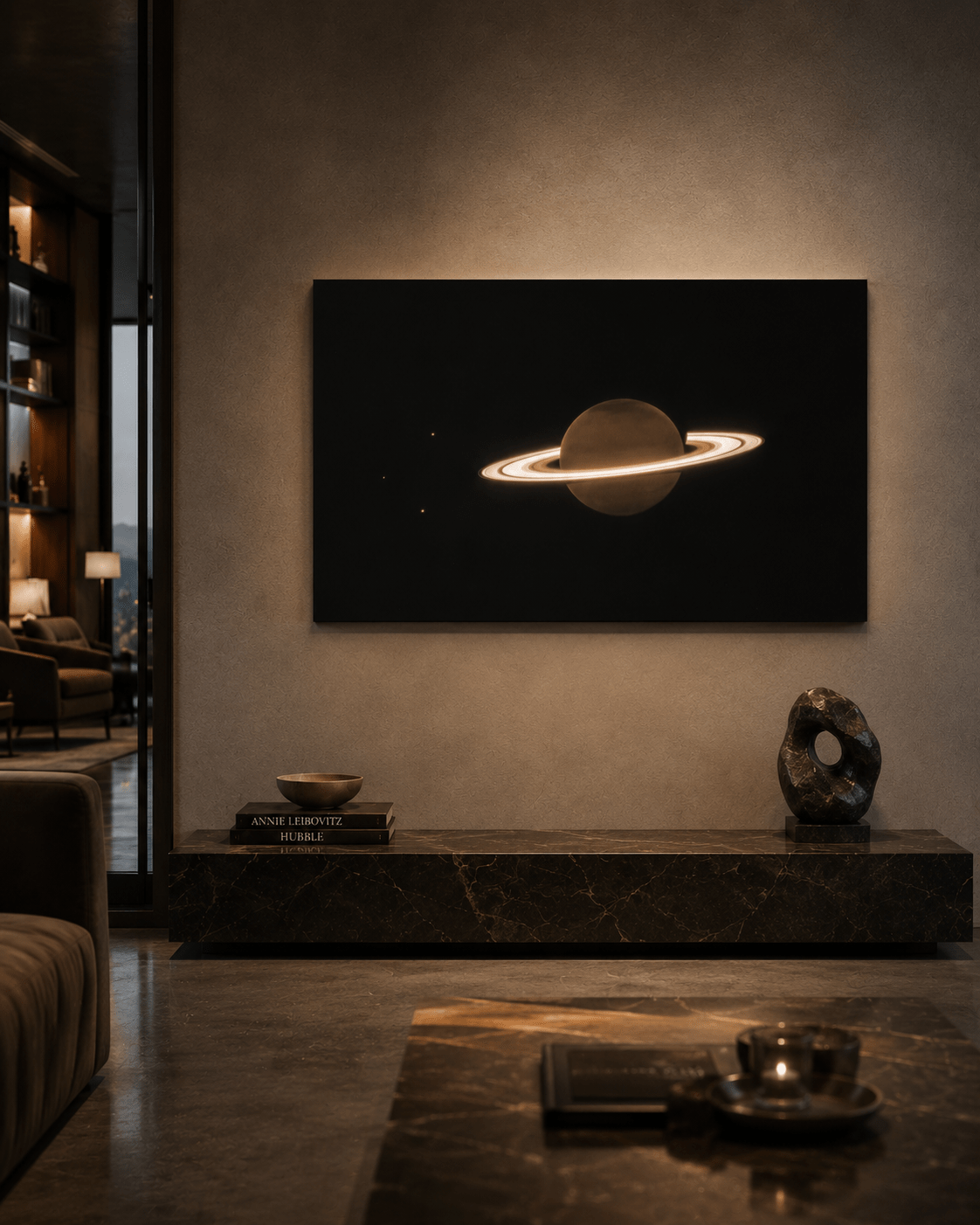 Webb Saturn large space art print on gloss aluminum