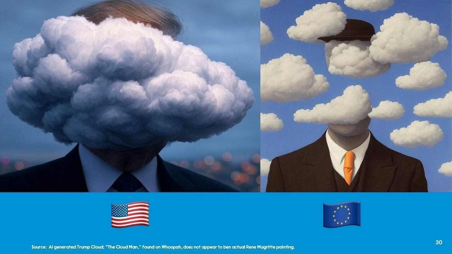 A slide split in two. On the left, under a US flag, an AI-generated image of a suited man whose head is a dark storm cloud. On the right, under an EU flag, a Magritte-style painting of a suited man in a brown coat and orange tie whose head is a white cloud, in a sky full of clouds, one of them wearing a bowler hat.