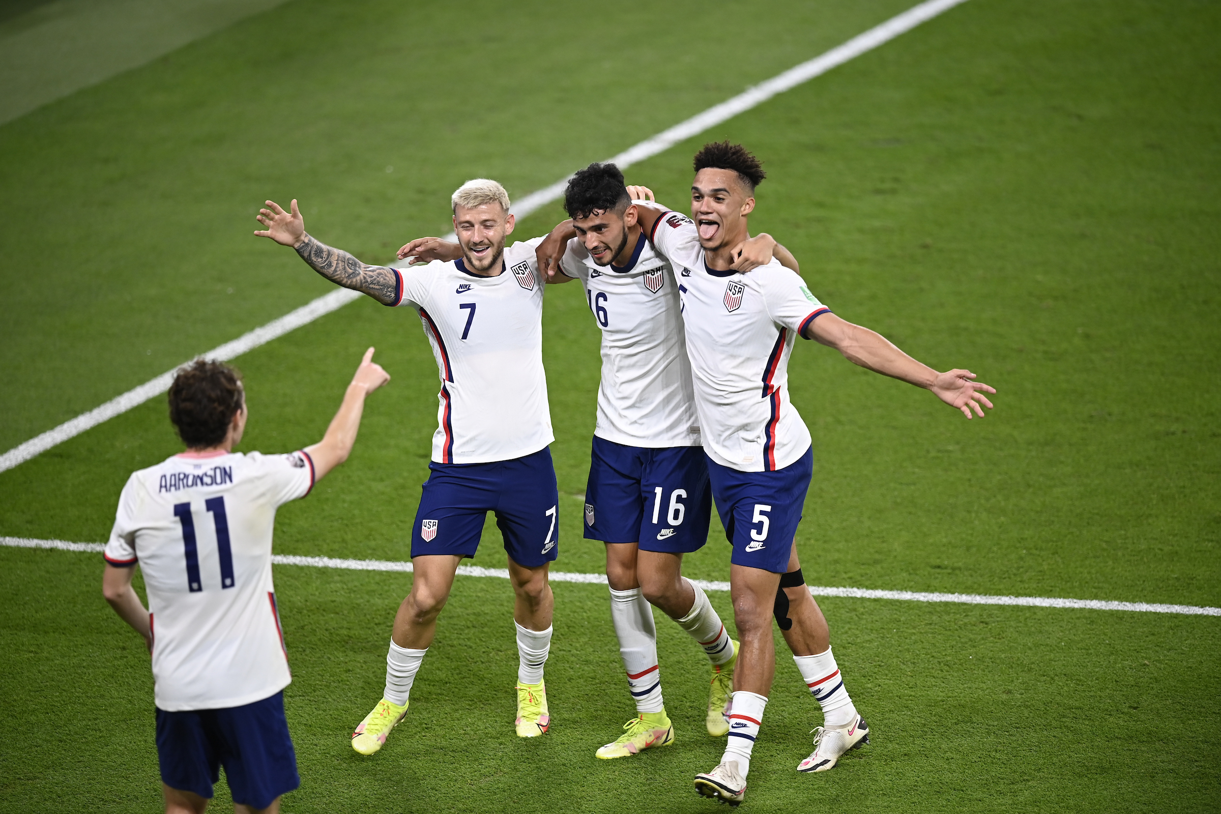 Ricardo Pepi celebrates with his USMNT teammates after another big goal in a CONCACAF World Cup qualifier