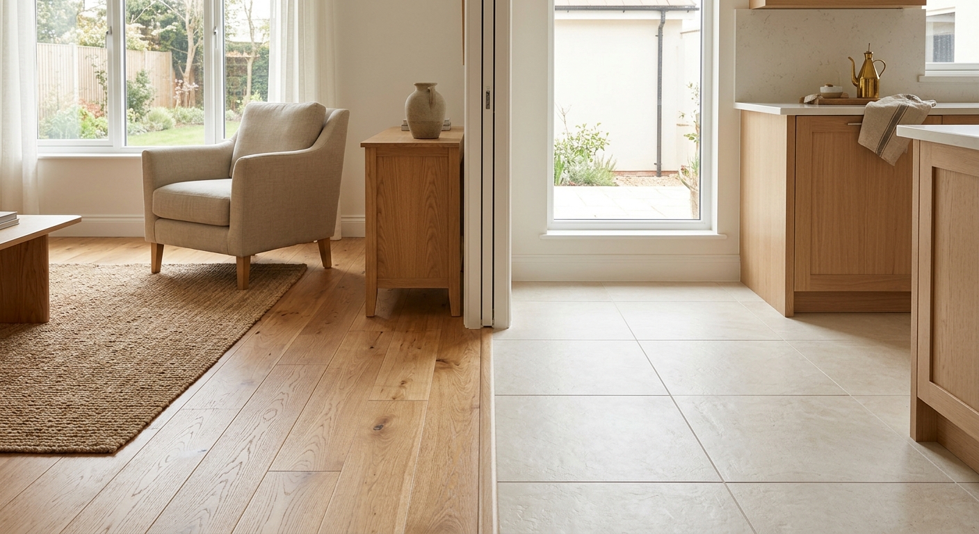Tile flooring transitioning to wood floor in st. louis home.