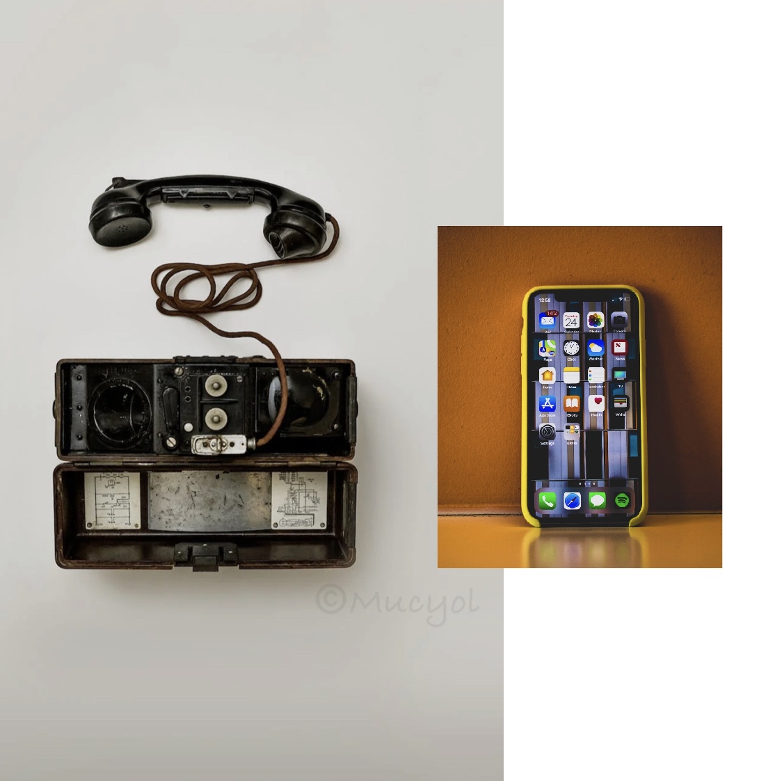 le design et son evolution au travers de deux téléphones à gauche, l'un des premiers à droite, un smartphone