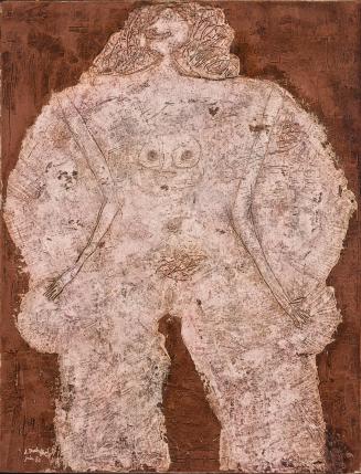 Peinture représentant une silhouette féminine stylisée, dessinée avec des contours noirs épais et des formes simplifiées. La surface picturale est dense et texturée, donnant à l’image un aspect brut et presque sculpté.