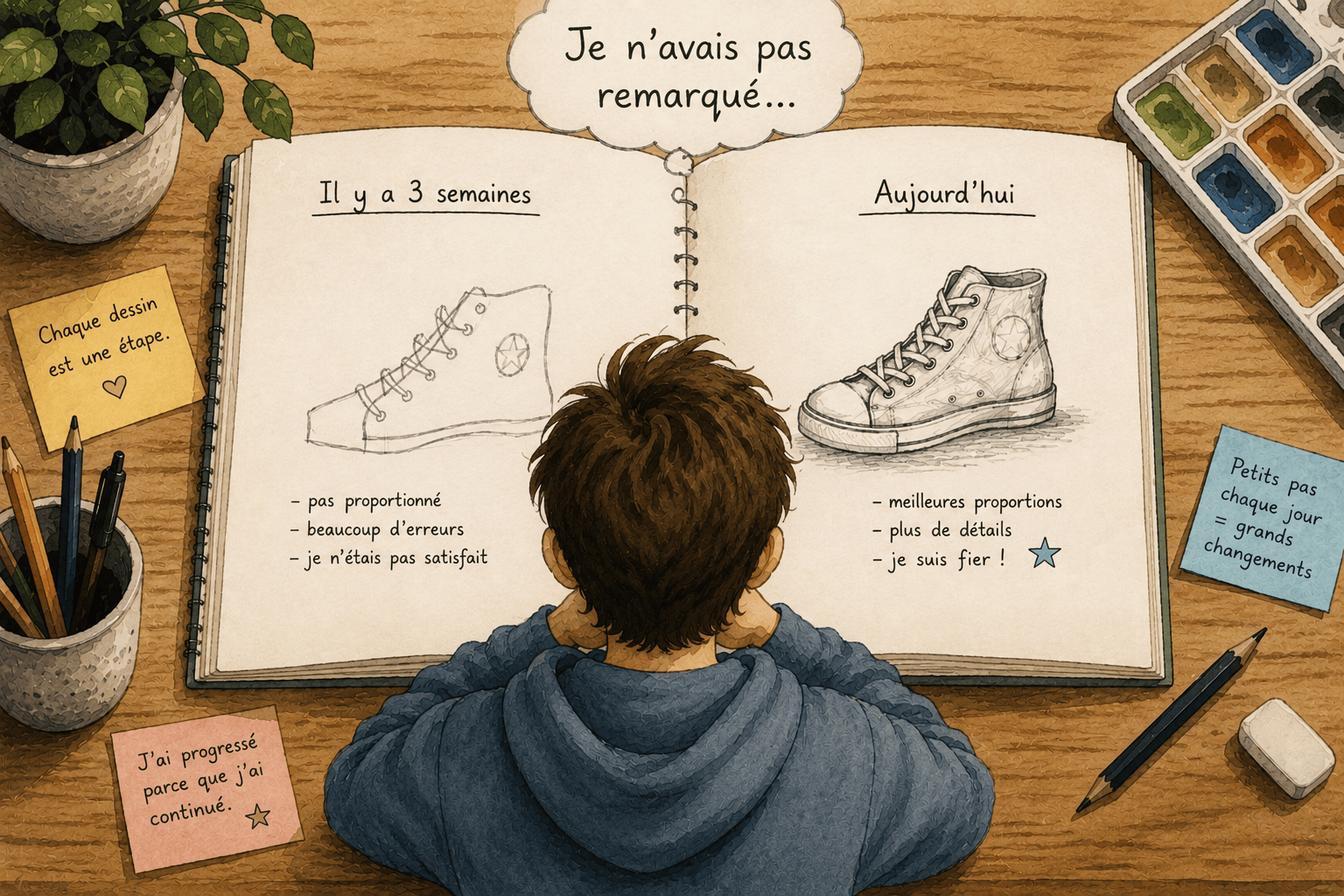 Adolescent assis avec son carnet de dessin, observant un chemin brumeux représentant les doutes et la perte progressive de confiance en soi.