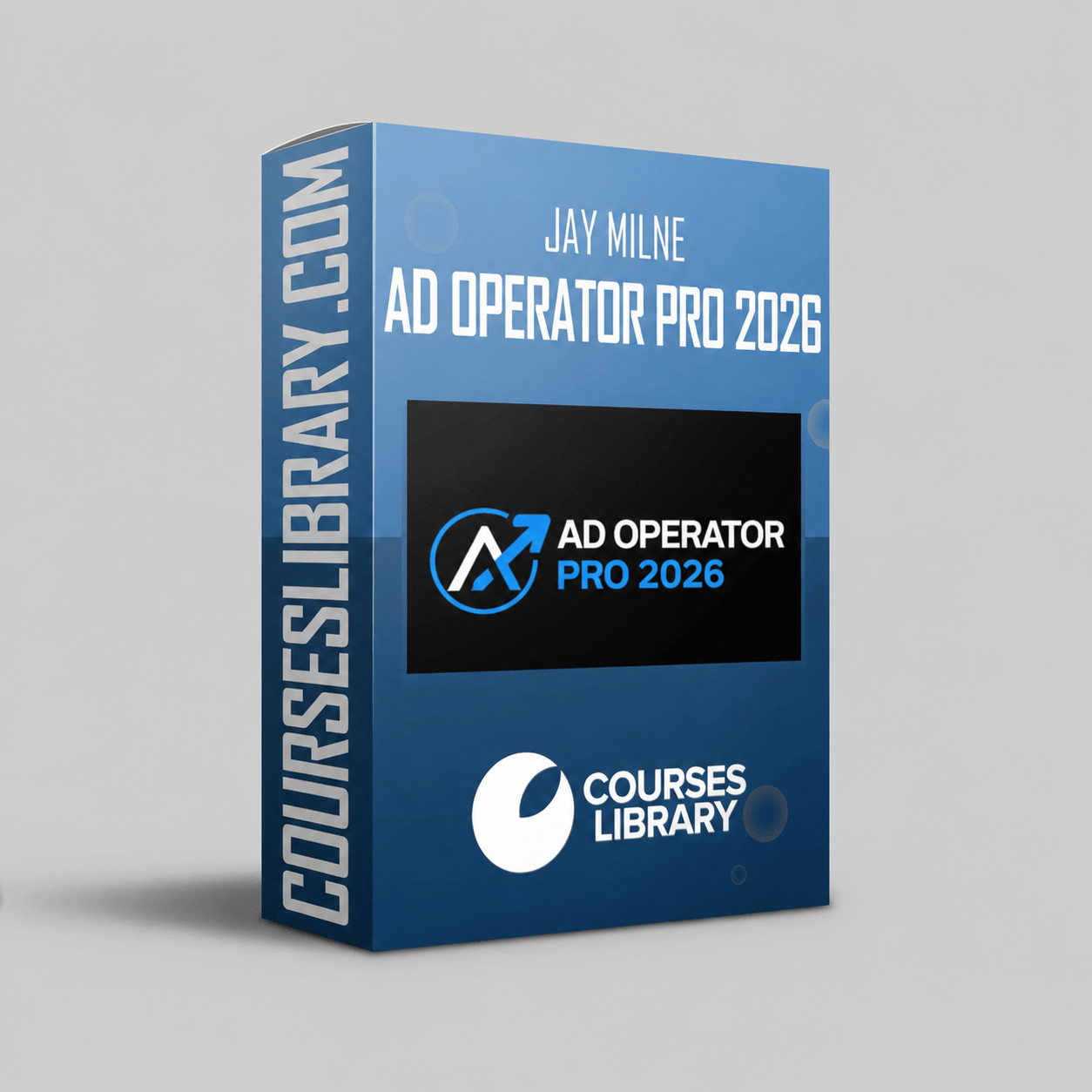 Jay Milne – Ad Operator Pro 2026 course box mockup featuring a blue 3D software-style package with the Ad Operator Pro 2026 logo on the front, Courses Library branding, and a clean light gray background.