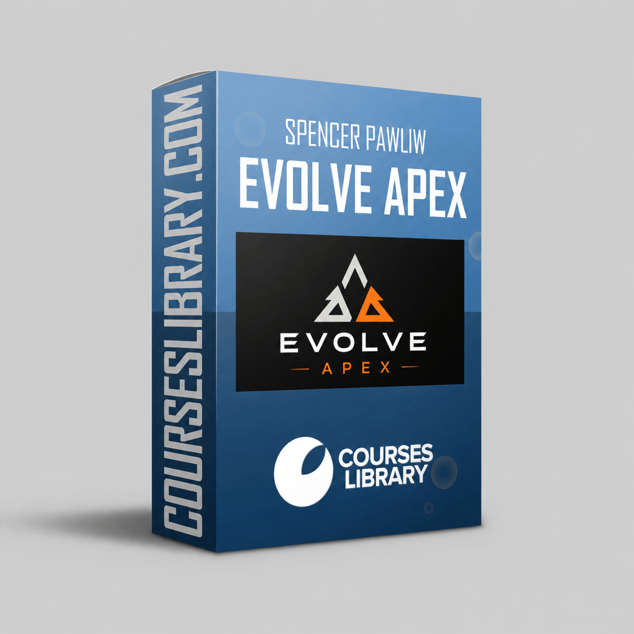 Spencer Pawliw – Evolve Apex course mockup featuring a blue 3D course box with a modern personal development design.