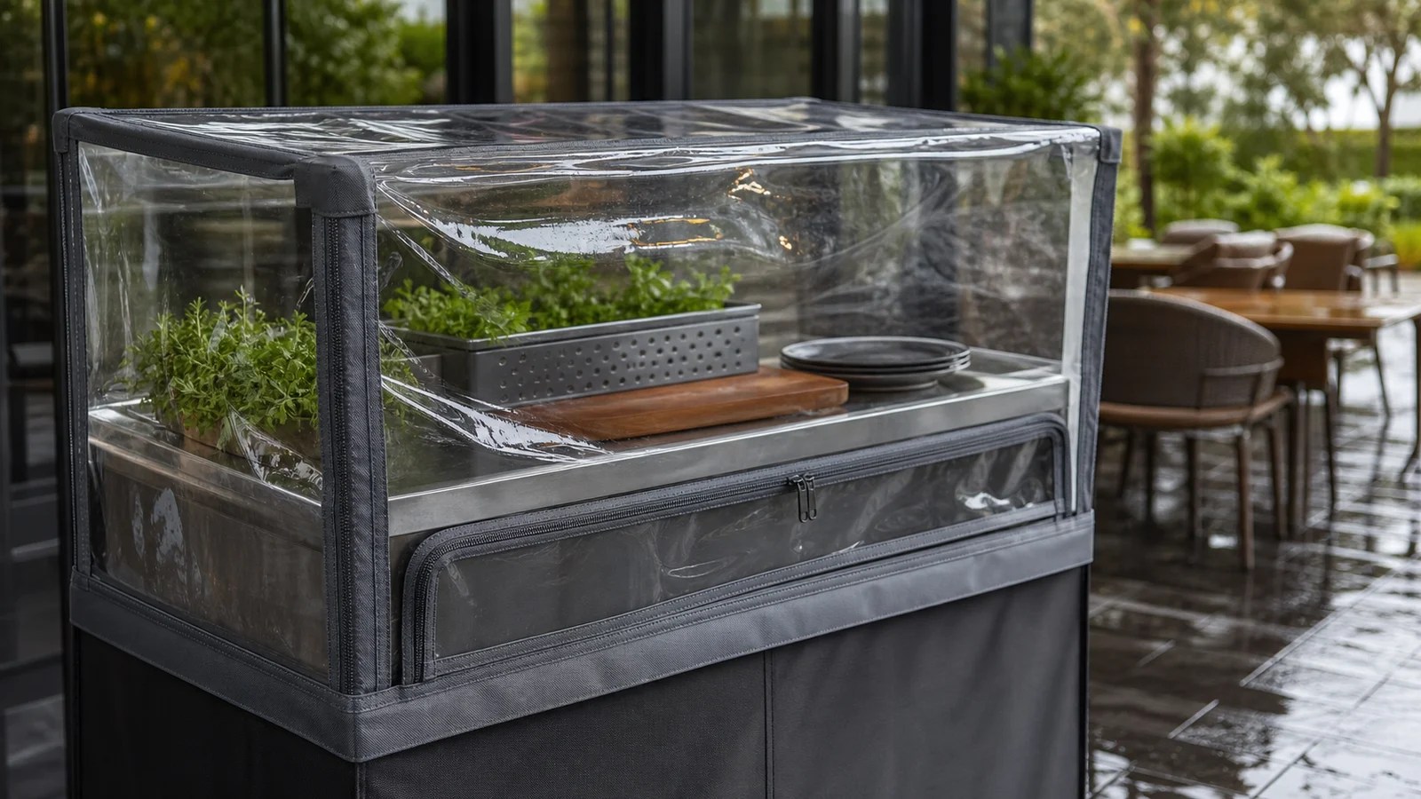 Custom clear vinyl cover with stitched edging protecting an outdoor patio display cart after rain