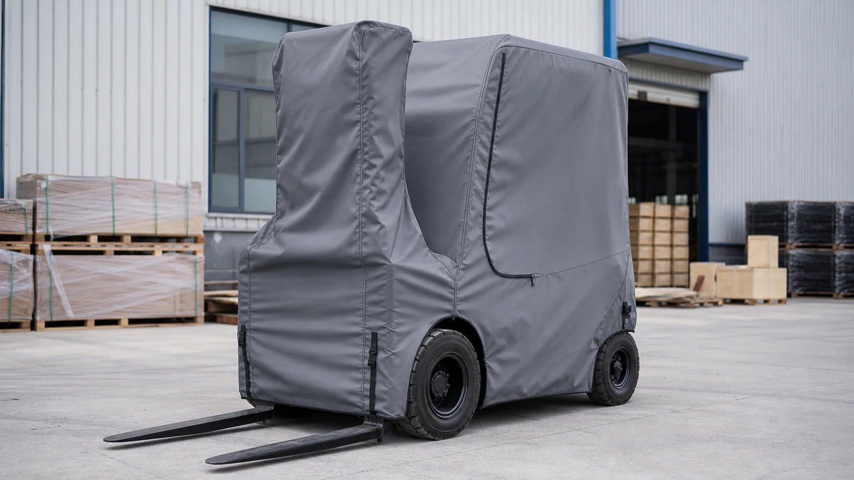 Custom forklift cover fitted around a cab, overhead guard, controls, wheels, and mast base in a warehouse yard