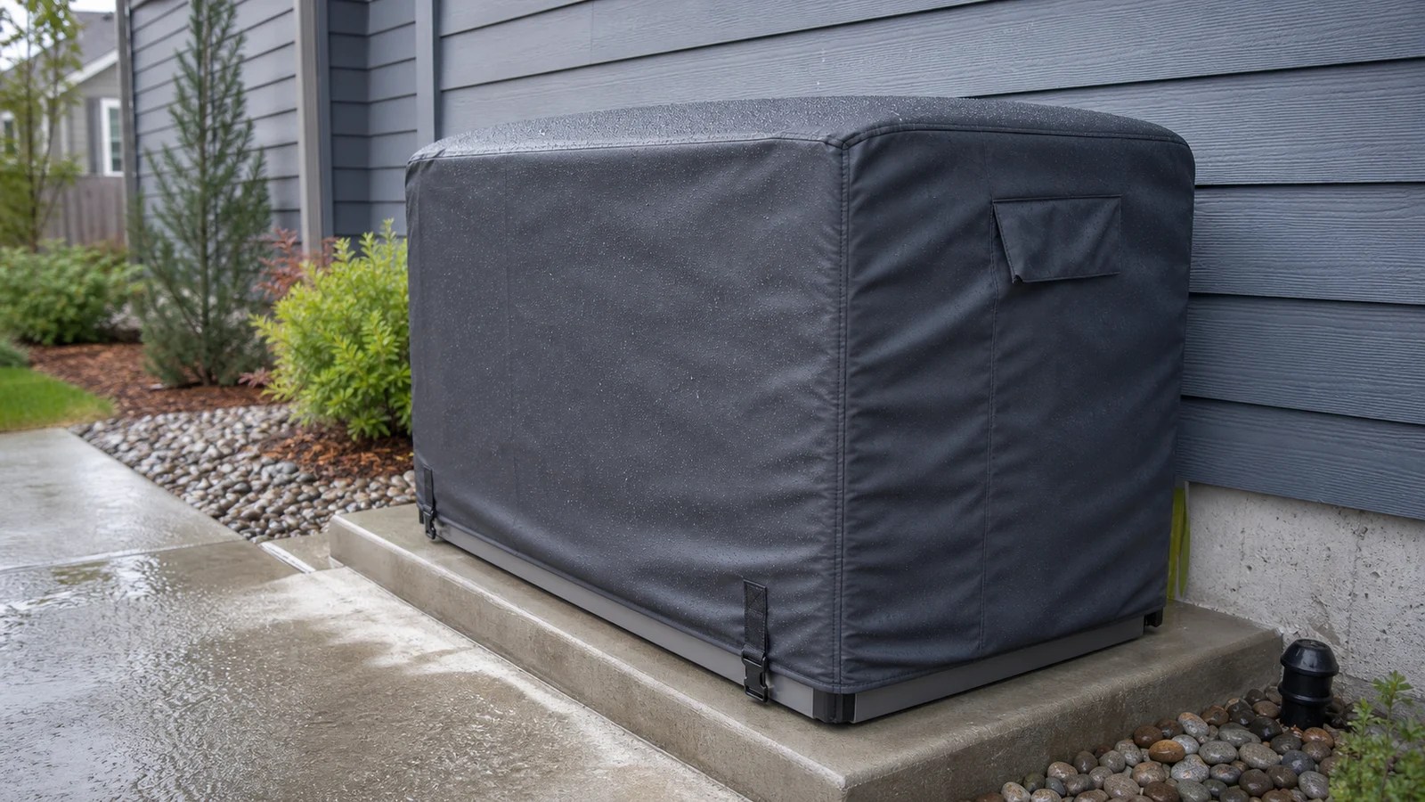 Custom generator cover fitted over outdoor equipment on a residential concrete pad after rain