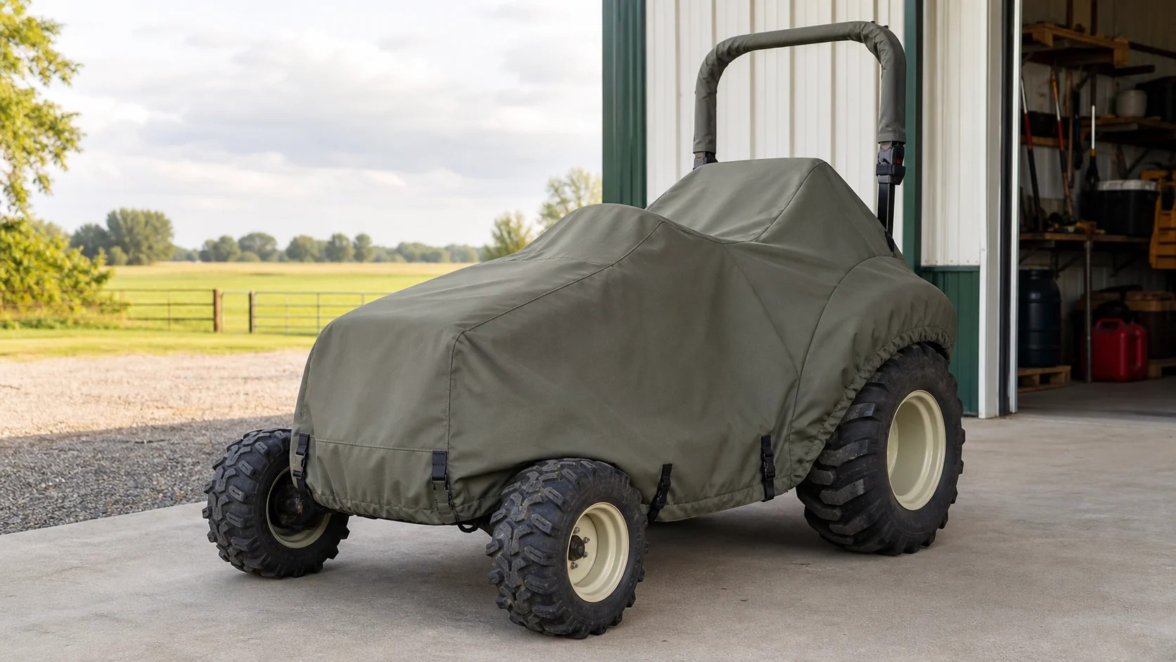 Olive gray fitted cover shaped around a compact tractor hood, operator station, tires, and upright ROPS at a farm shed