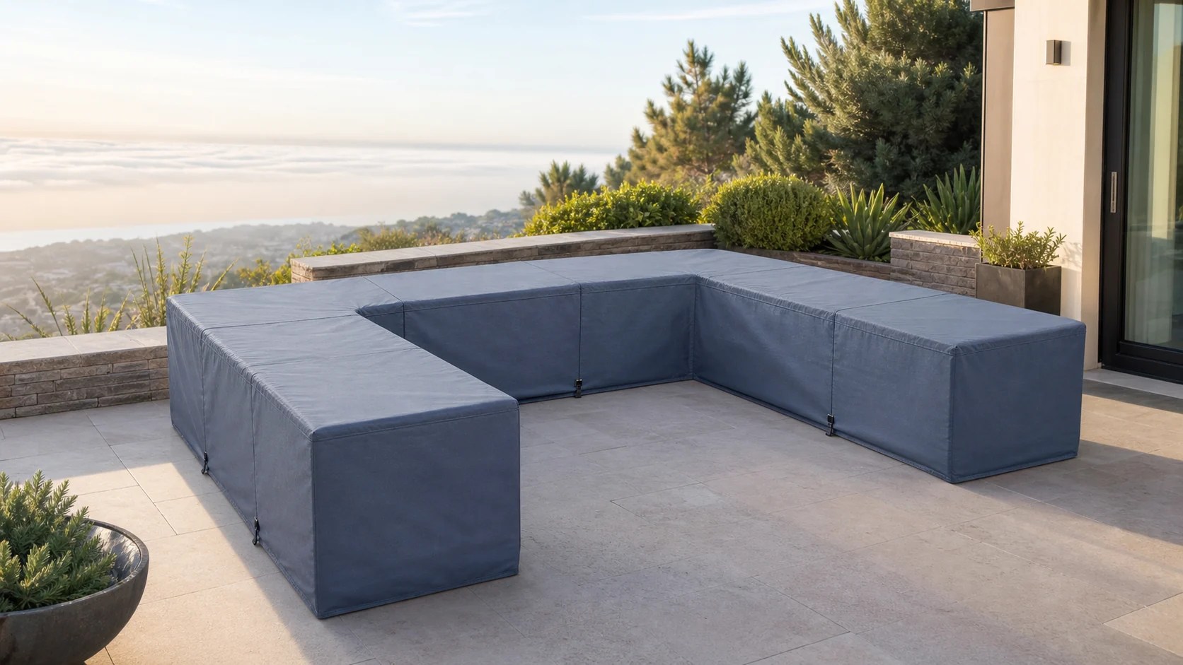 Slate blue custom cover following all three runs and two inner corners of a U-shaped outdoor sectional on a modern terrace