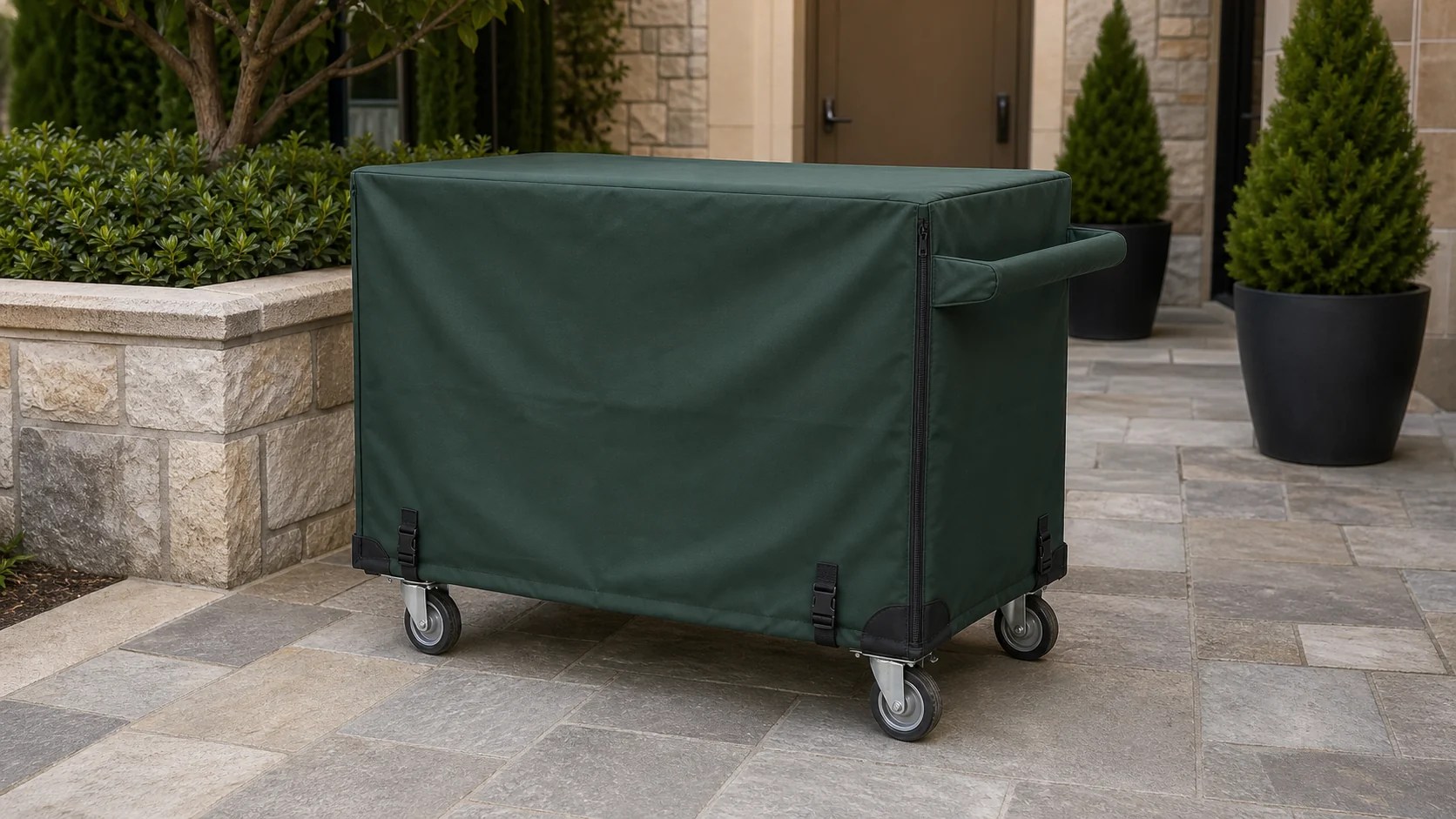 Forest green fitted cover protecting a commercial utility cart with a push handle, corner bumpers, and four casters