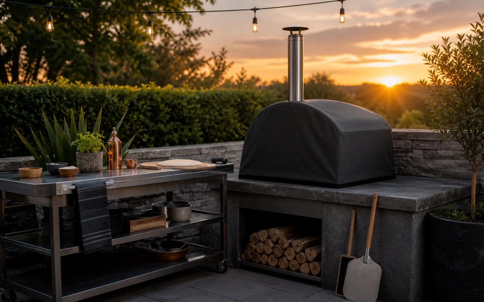 Custom cover protecting a pizza oven on an outdoor cooking station
