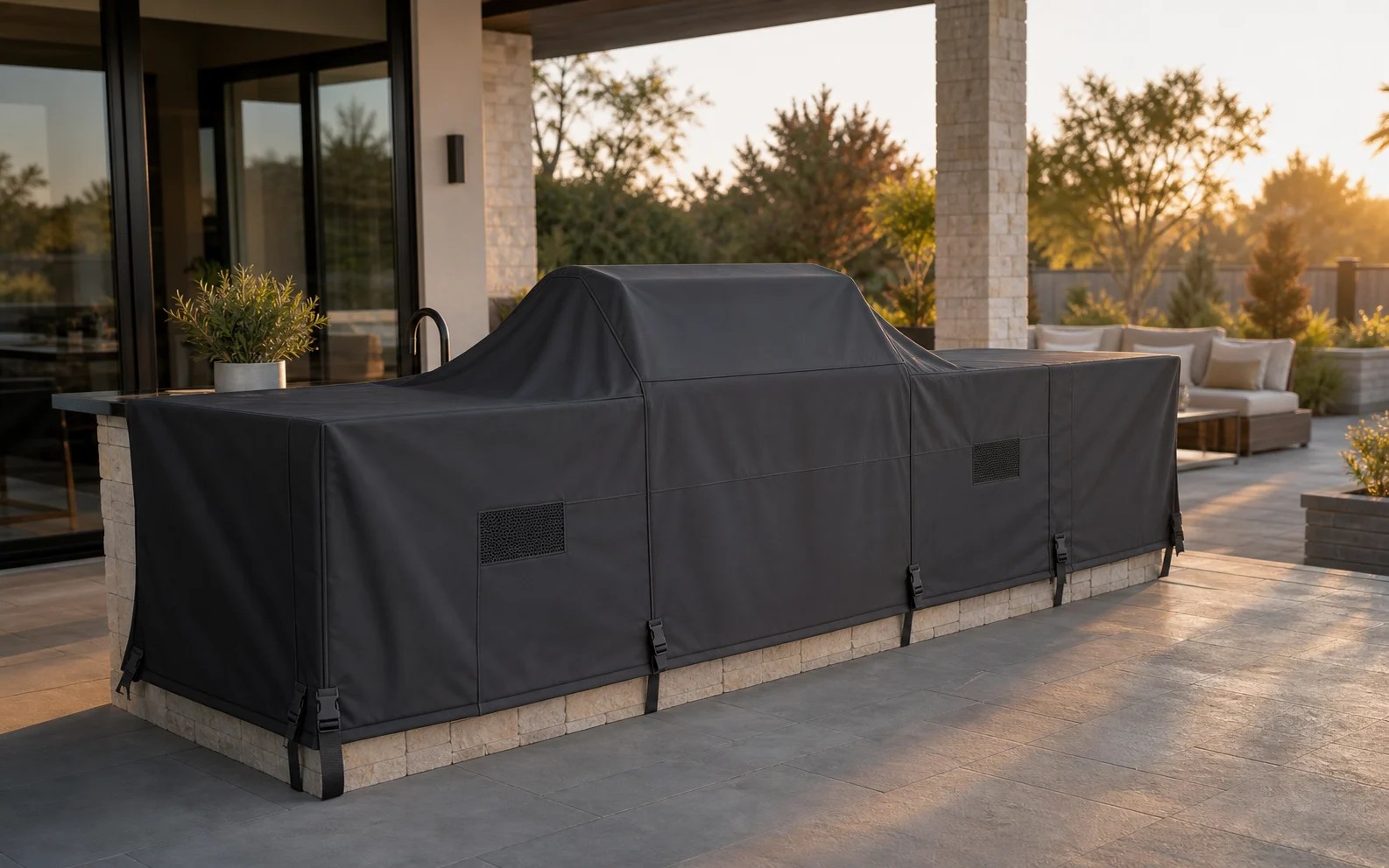 Custom outdoor kitchen cover protecting a built-in grill and prep counter