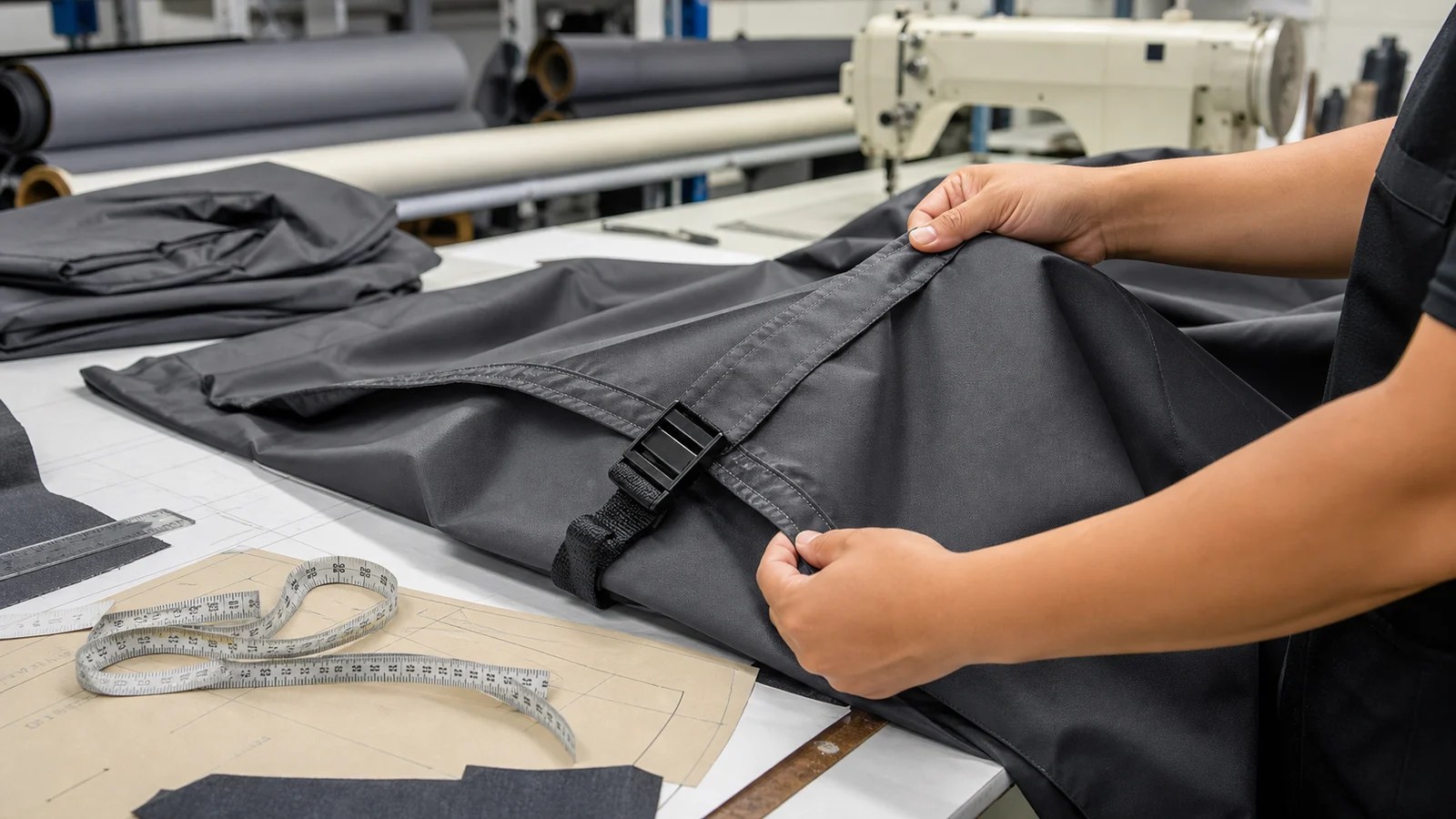 Factory direct custom cover production with seam inspection, buckle strap, and measuring tools