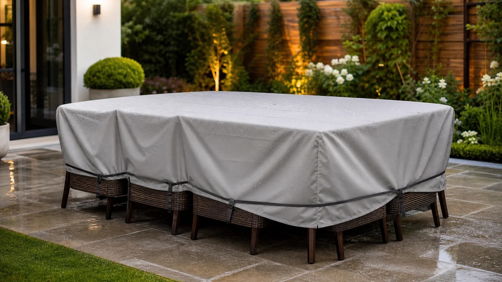 Waterproof outdoor dining set cover fitted over a patio table and chairs with buckled straps after rain
