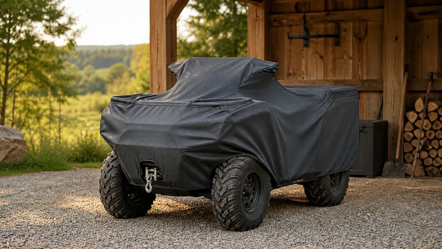 Tailored graphite cover fitted over a parked utility ATV beside a timber equipment shelter