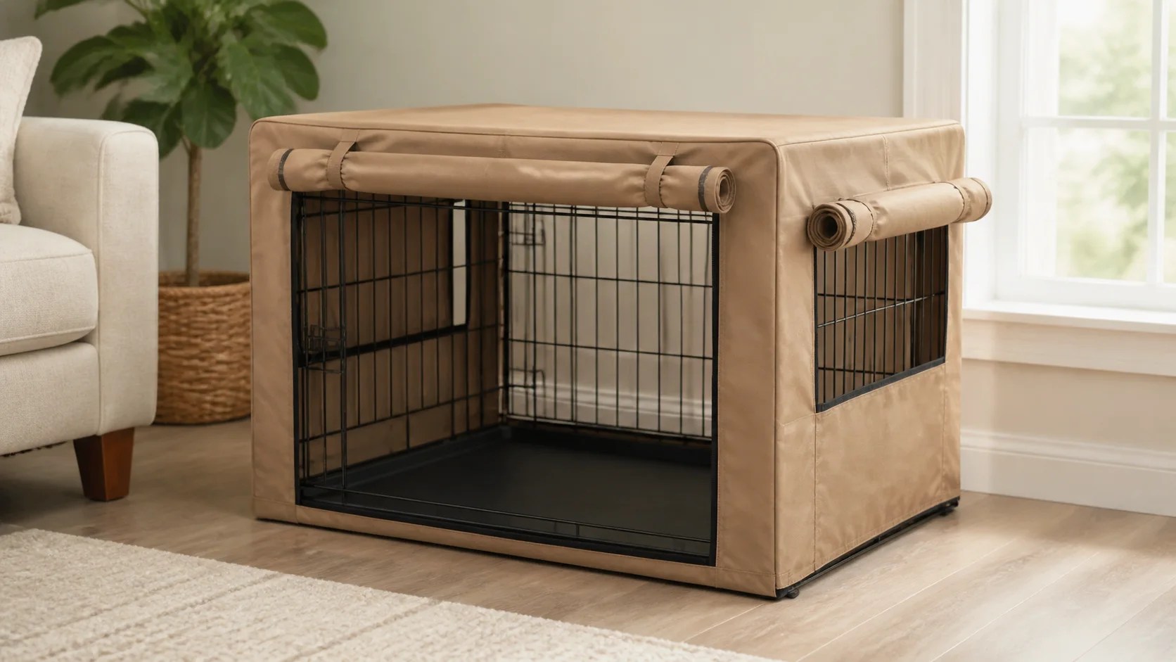 Breathable fitted tan cover with rolled panels on an empty wire dog crate in a bright indoor room