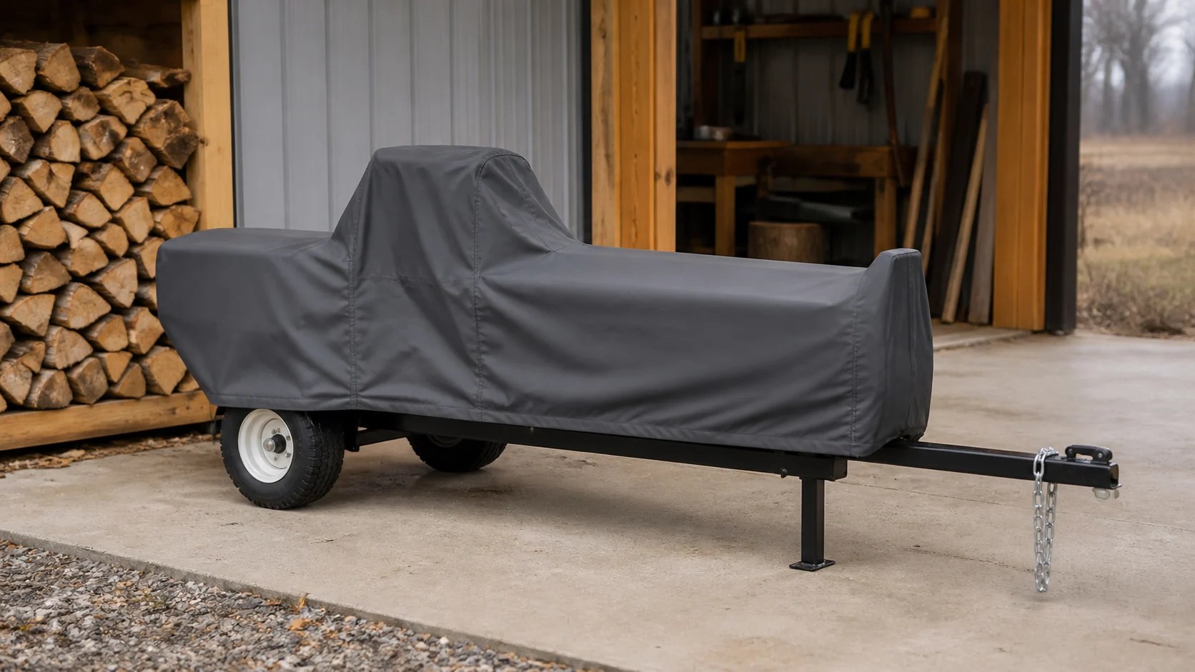 Fitted dark gray weather cover protecting a parked kinetic log splitter with beam, flywheel housing, engine, and wheels clearly outlined