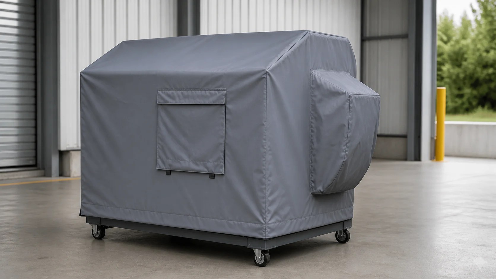 Fitted gray waterproof cover protecting a shut-down industrial machine with a sloped top, labeled access flap, and raised hem