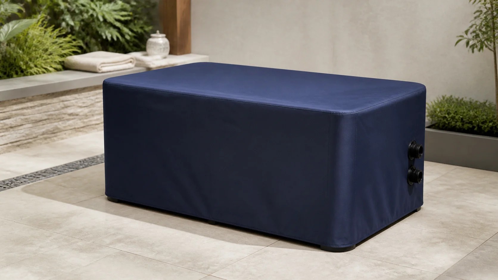 Tailored navy cover fitted over a rectangular cold plunge tub on a clean sheltered wellness patio