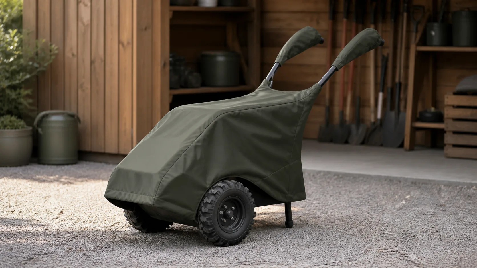 Tailored dark olive cover fitted over an inactive walk-behind rototiller in a clean garden shed