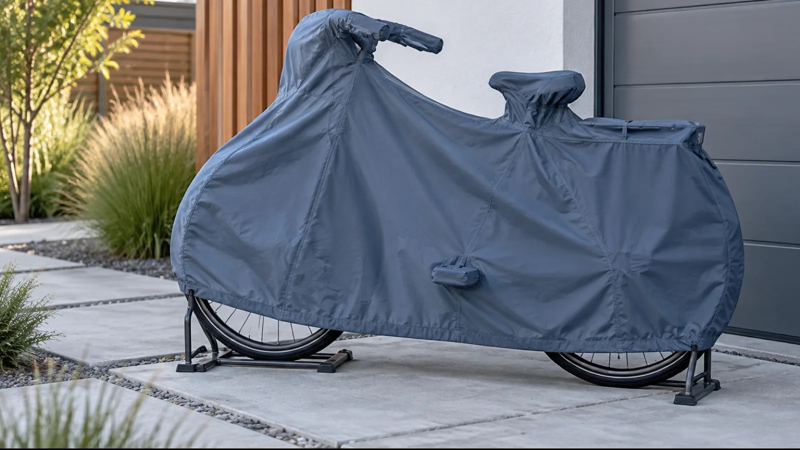 Slate blue fitted bicycle cover outlining handlebars, saddle, two wheels, and a rear cargo rack beside a garage wall