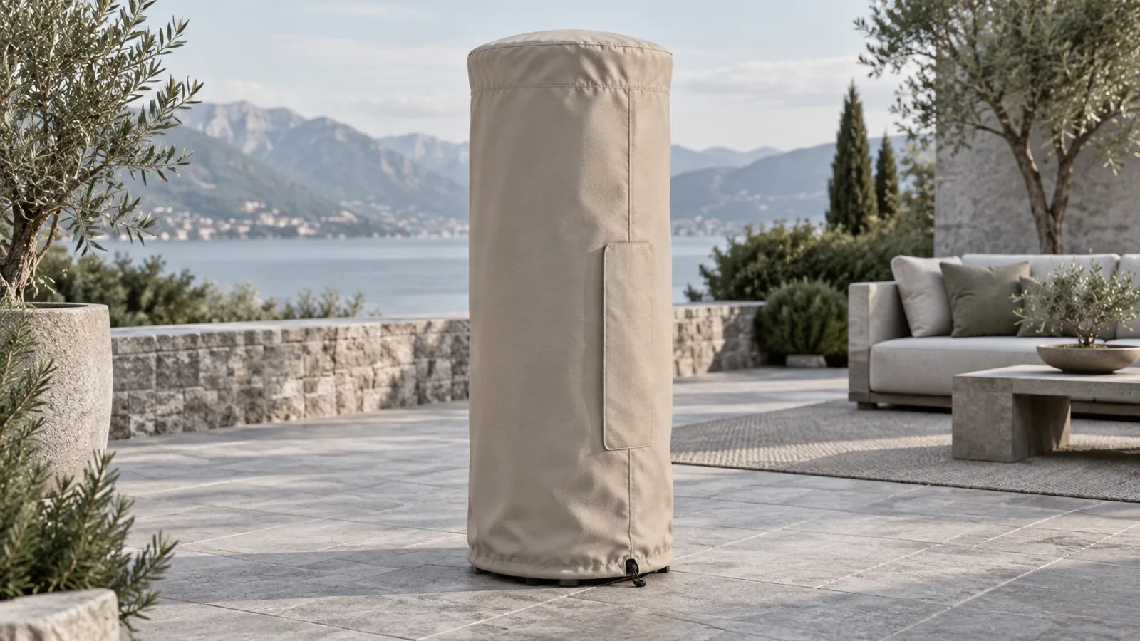 Sand-colored fitted cover protecting a tall cylindrical fire column on a stone terrace after complete cool-down