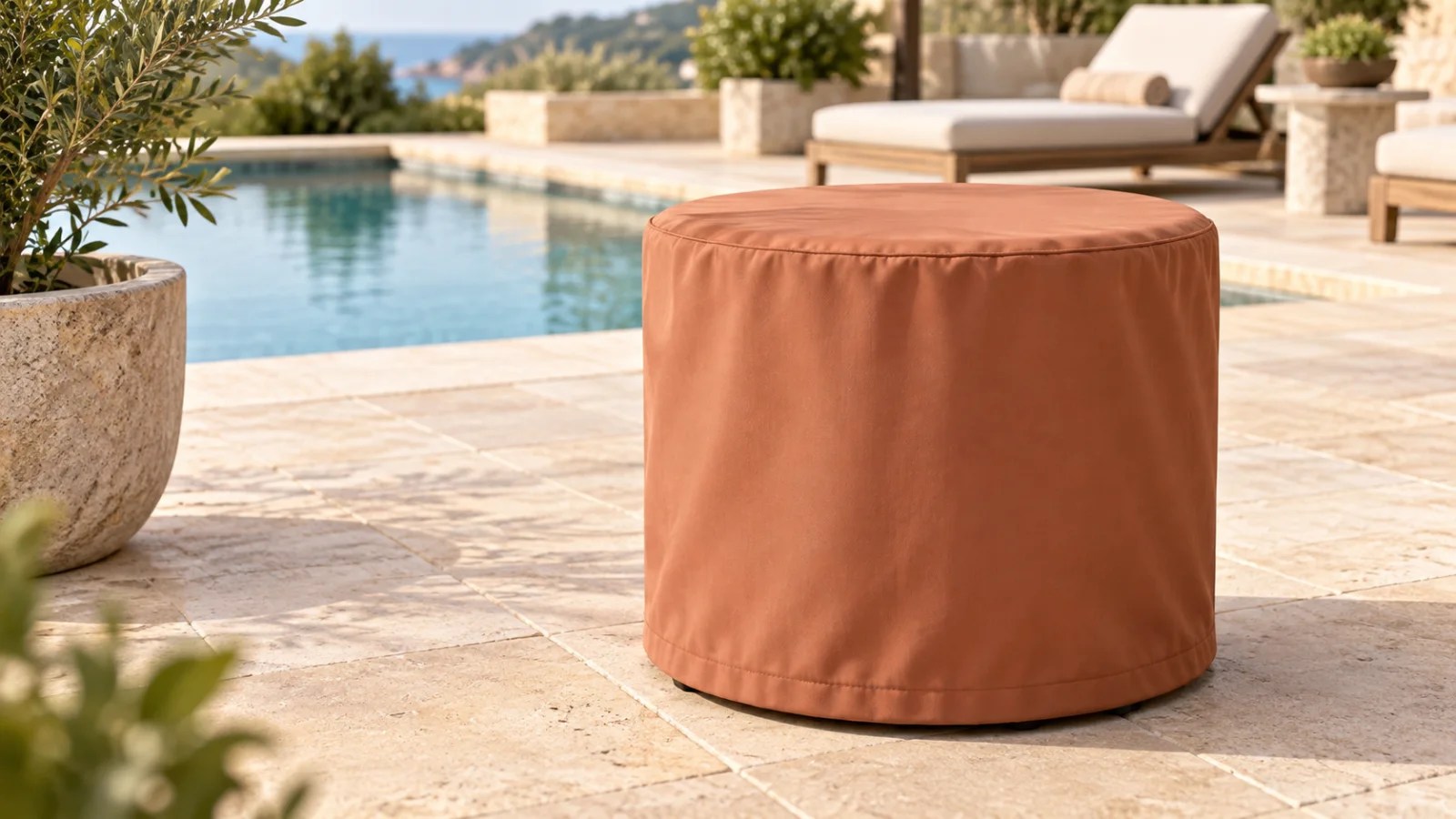 Terracotta fitted cover enclosing a cylindrical drum patio side table beside a sunlit pool