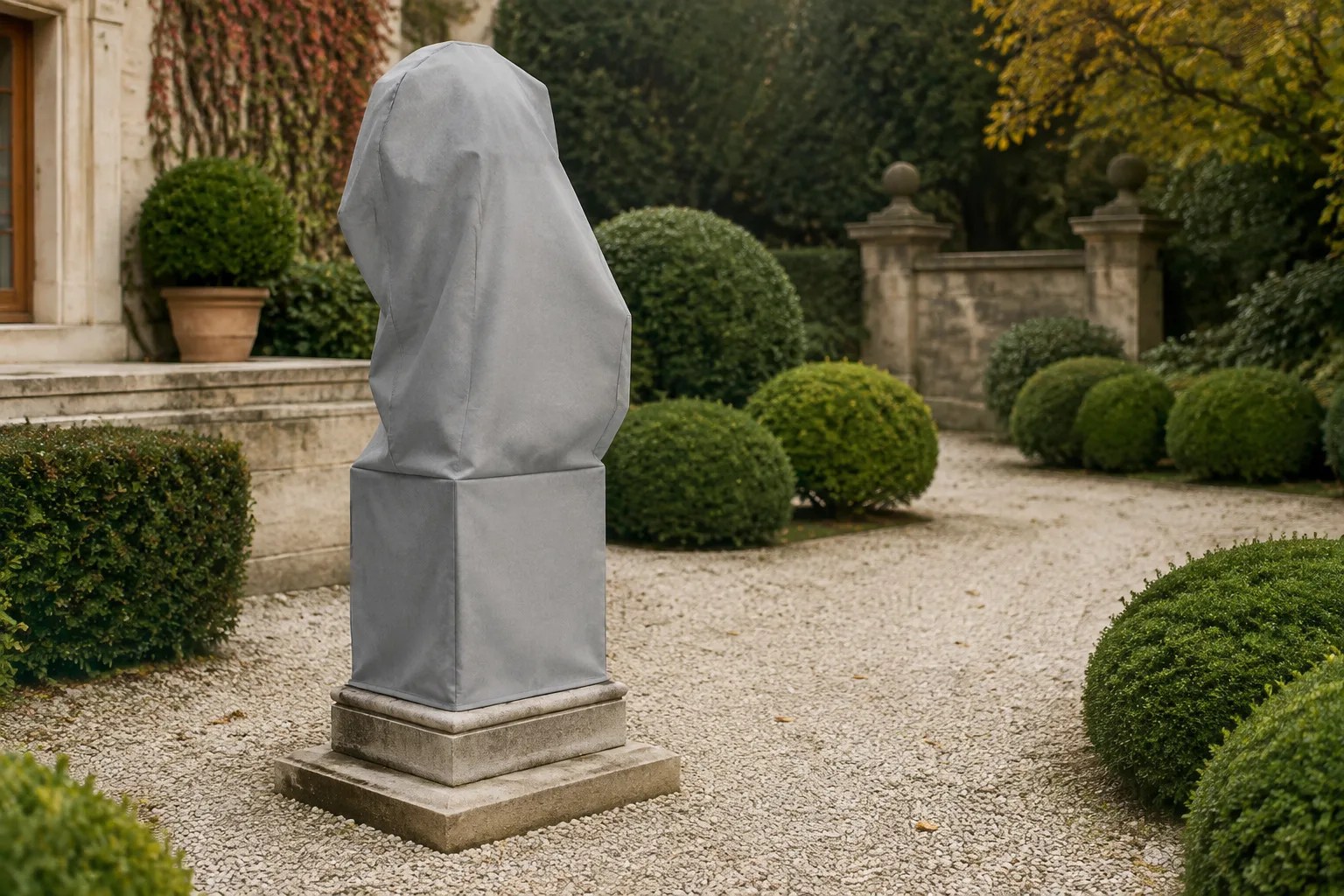 Tailored stone-gray cover over a garden statue on a pedestal in a landscaped courtyard