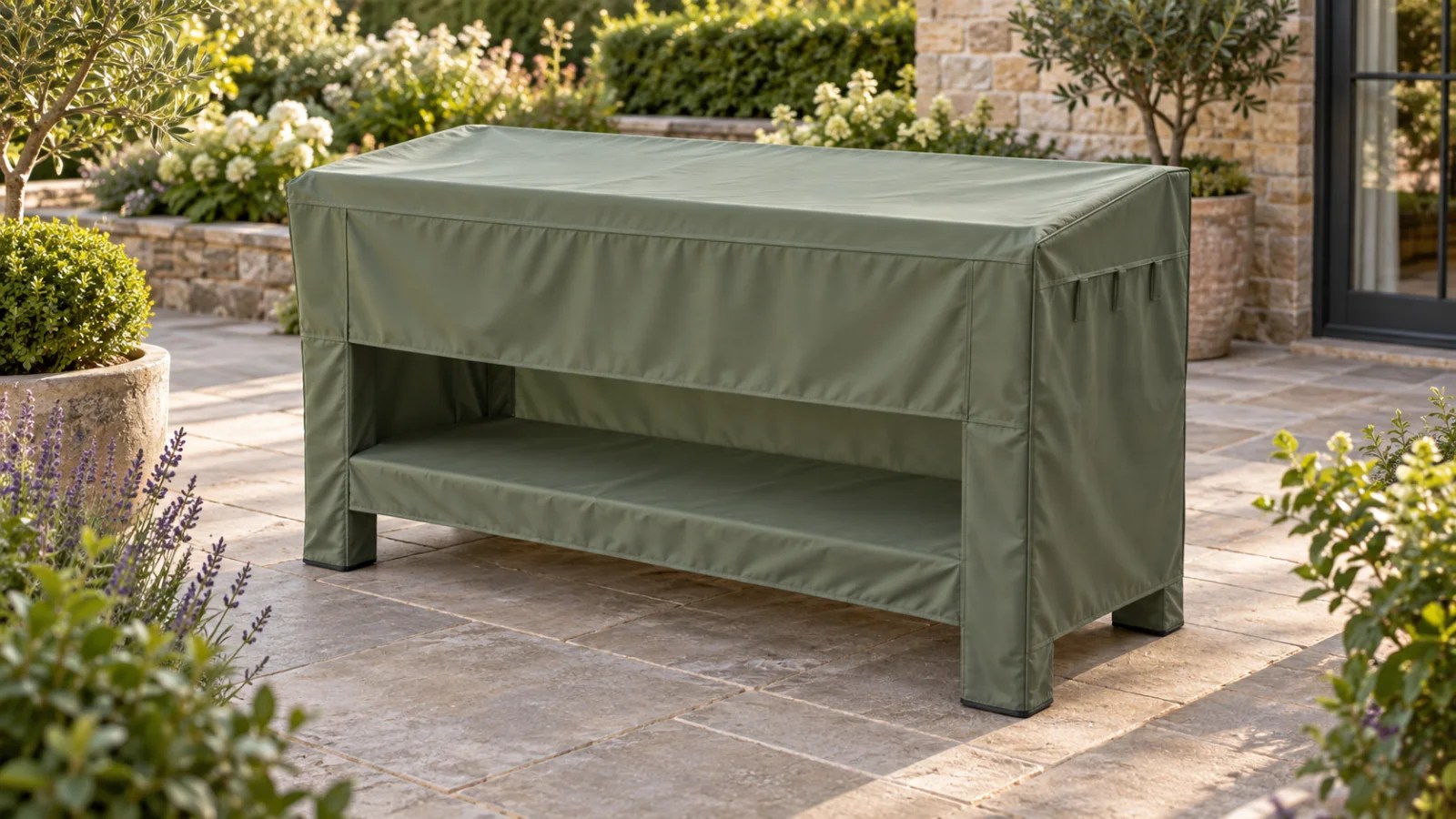 Sage fitted cover protecting a garden workstation table with a broad top, open shelf, and four legs