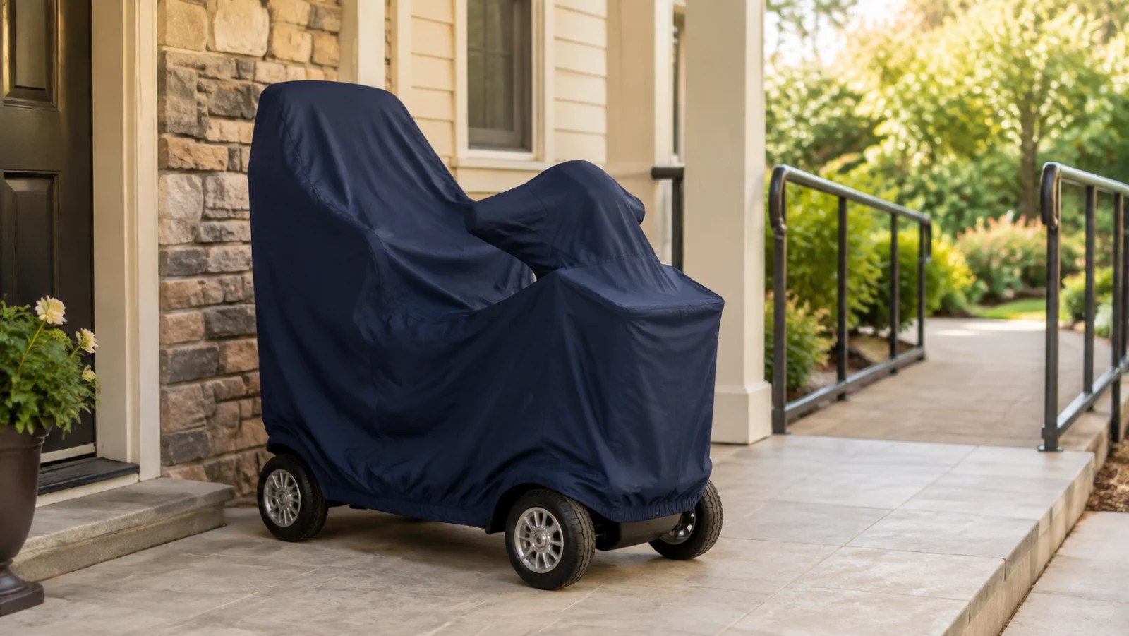Tailored navy cover fitted over a parked four-wheel mobility scooter on a sheltered porch