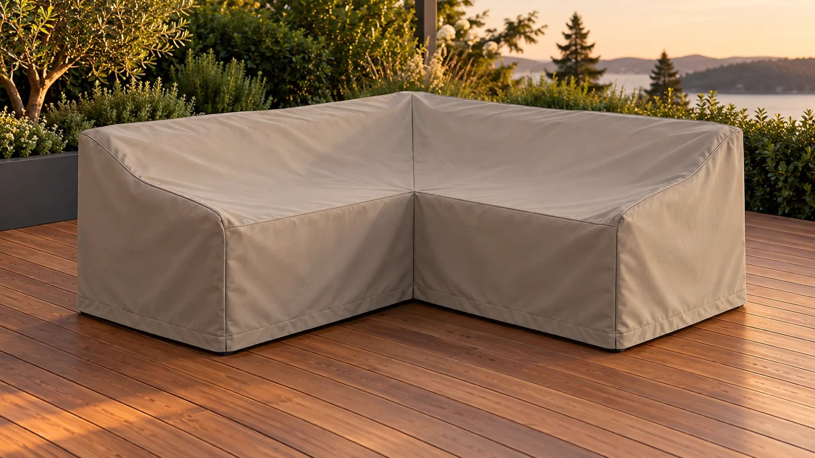 Soft taupe fitted cover over two modular corner chairs joined in an L shape on a cedar deck