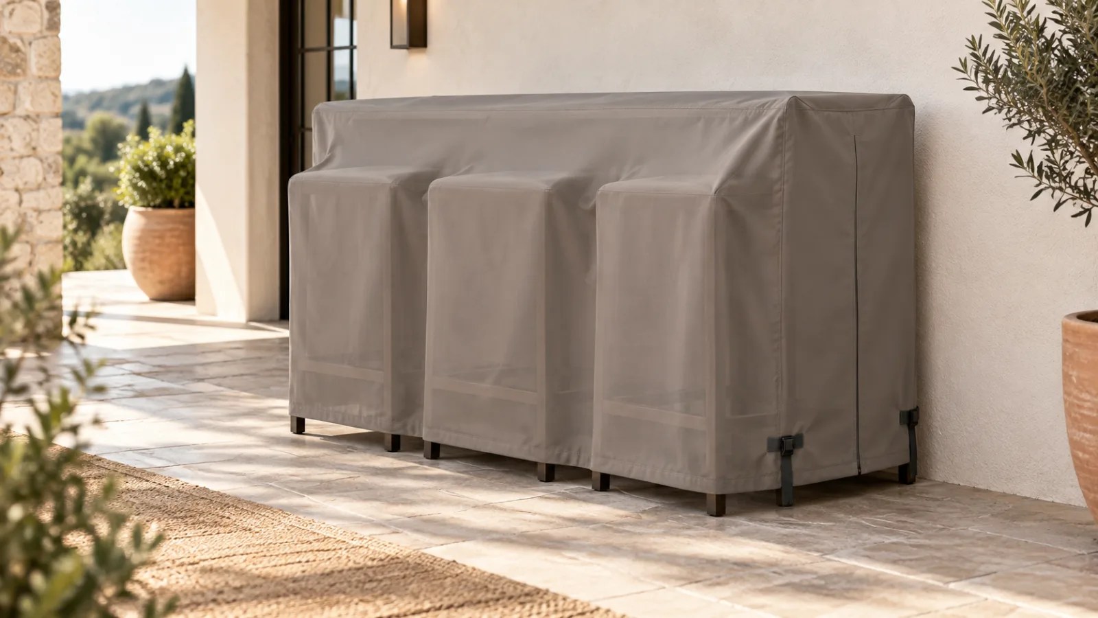 Warm gray fitted cover over a high narrow outdoor console table with three nested stools on a terrace
