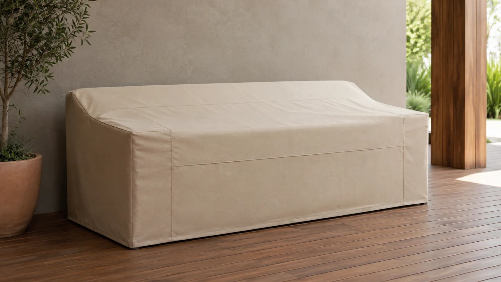 Warm-sand tailored cover fitted over a deep outdoor sleeper sofa in closed position
