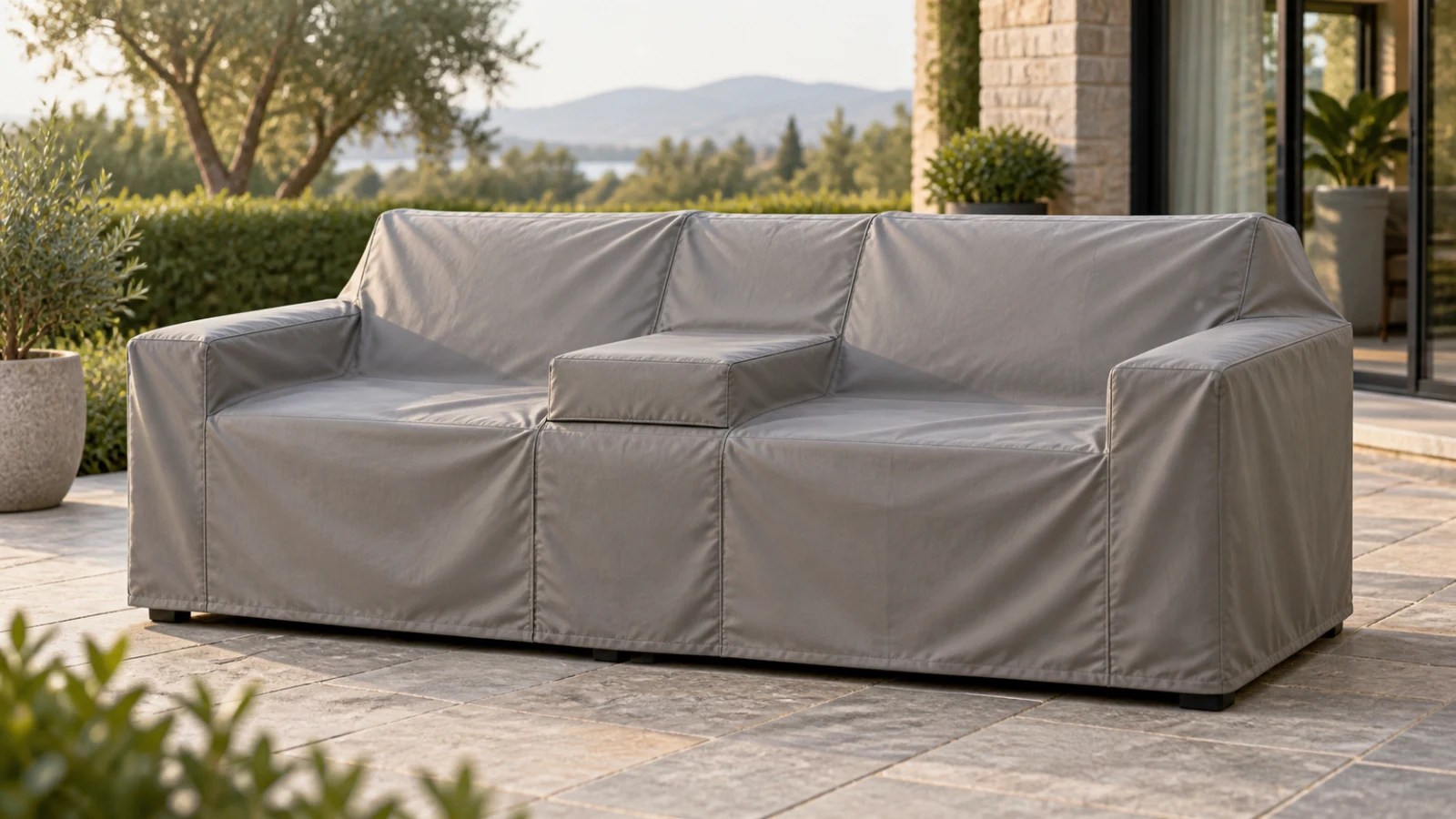 Warm gray fitted cover following a patio sofa with a centered drop-down table panel and broad arms