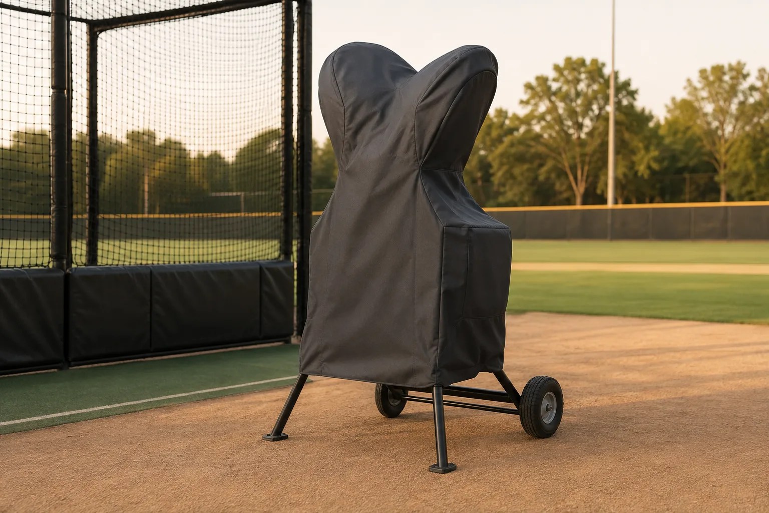 Tailored charcoal cover fitted over a pitching machine on an empty baseball practice field