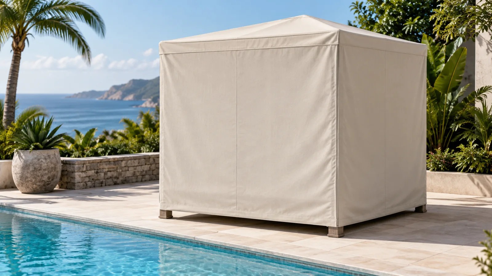 Pale stone fitted cover enclosing a four-post poolside cabana daybed beside blue water and light decking