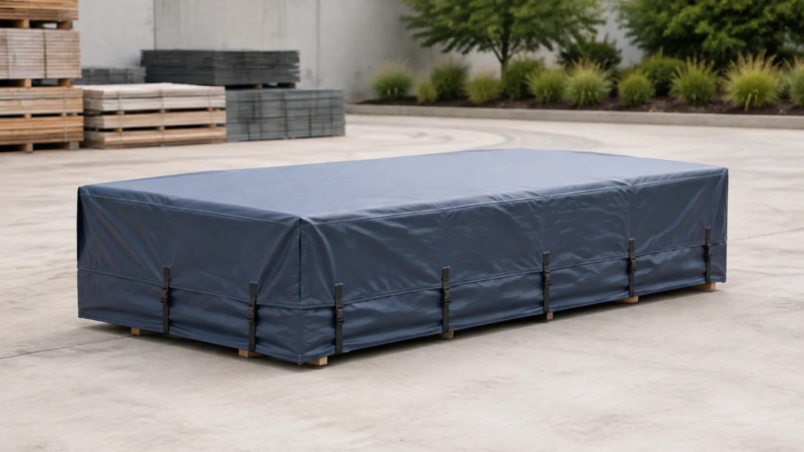 Slate-blue fitted heavy-duty tarp cover secured over a rectangular material load