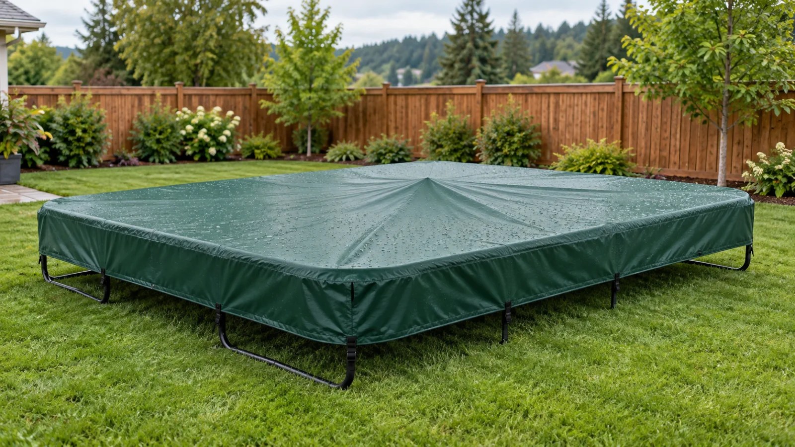 Forest green fitted cover with a supported center protecting a large rectangular trampoline in a tidy backyard